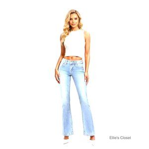 Flare Mid Rise Jeans Stretchy Denim Pants with Pockets